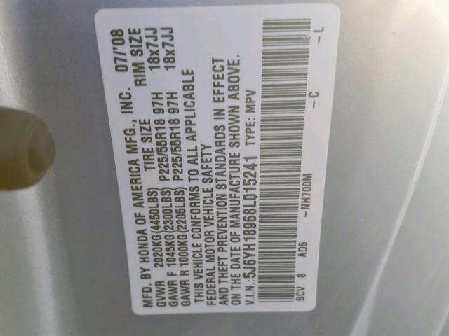 5J6YH18968L015241 - 2008 HONDA ELEMENT SC GRAY photo 10