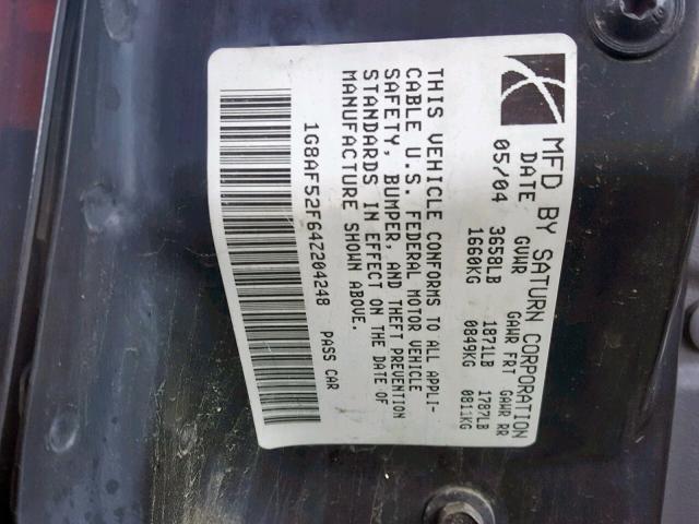 1G8AF52F64Z204248 - 2004 SATURN ION LEVEL BLACK photo 10