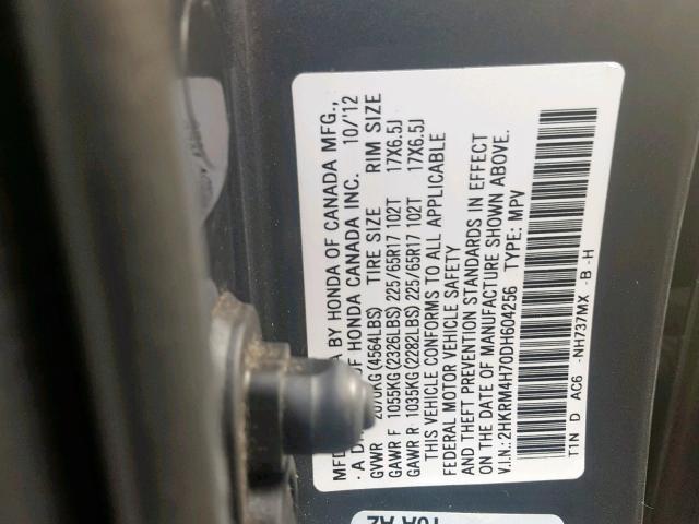 2HKRM4H70DH604256 - 2013 HONDA CR-V EXL GRAY photo 10