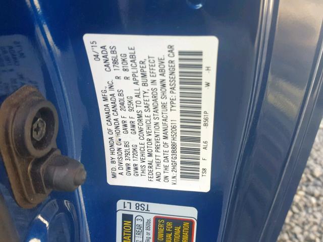 2HGFG3B88FH520611 - 2015 HONDA CIVIC EX BLUE photo 10