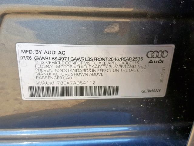 WAUKH78EX7A054112 - 2007 AUDI A4 3.2 AVA SILVER photo 10