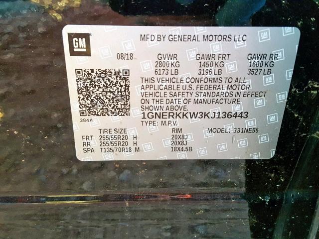 1GNERKKW3KJ136443 - 2019 CHEVROLET TRAVERSE P BLACK photo 10