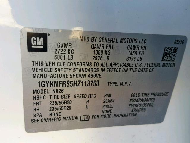 1GYKNFRS5HZ113753 - 2017 CADILLAC XT5 PLATIN TAN photo 10