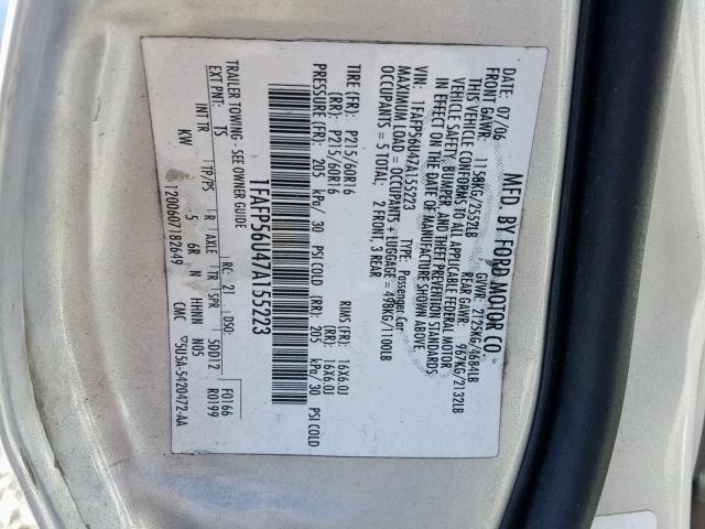 1FAFP56U47A155223 - 2007 FORD TAURUS SEL SILVER photo 10