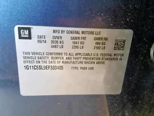 1G11C5SL9EF303405 - 2014 CHEVROLET MALIBU 1LT BLUE photo 10