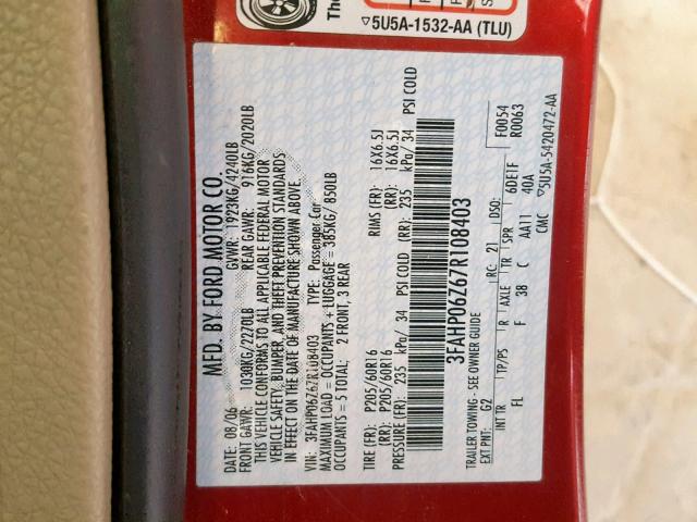 3FAHP06Z67R108403 - 2007 FORD FUSION S RED photo 10