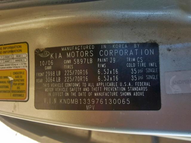 KNDMB133976130065 - 2007 KIA SEDONA EX GOLD photo 10