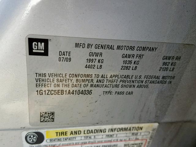 1G1ZC5EB1A4104036 - 2010 CHEVROLET MALIBU 1LT SILVER photo 10