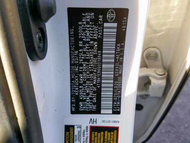 4T1BK1EB6GU219949 - 2016 TOYOTA AVALON XLE WHITE photo 10