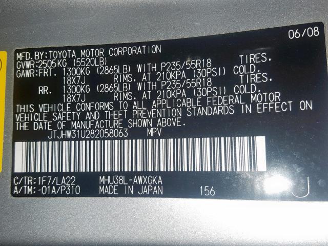 JTJHW31U282058063 - 2008 LEXUS RX 400H SILVER photo 10