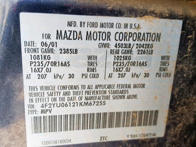 4F2YU06121KM67255 - 2001 MAZDA TRIBUTE DX 蓝色 照片 10