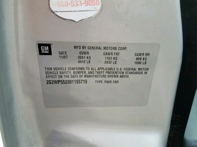 2G2WP552081193719 - 2008 PONTIAC GRAND PRIX SILVER photo 10