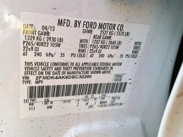 2FMDK4AK6DBC30290 - 2013 FORD EDGE SPORT WHITE photo 10