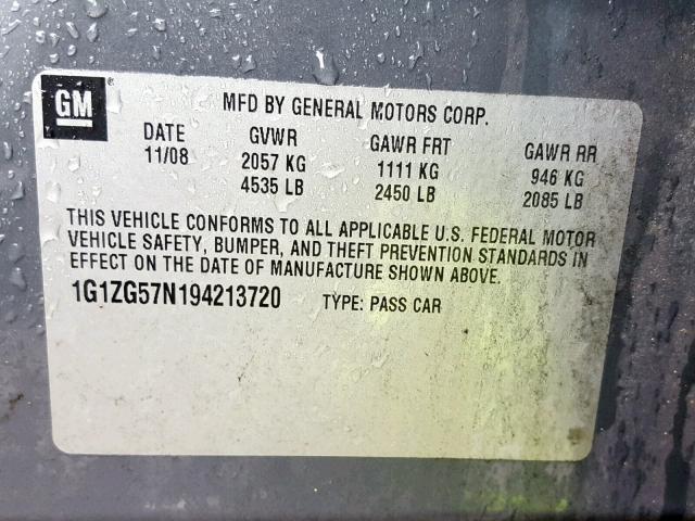 1G1ZG57N194213720 - 2009 CHEVROLET MALIBU LS GRAY photo 10