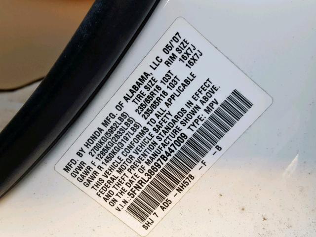 5FNRL38697B447009 - 2007 HONDA ODYSSEY EX WHITE photo 10