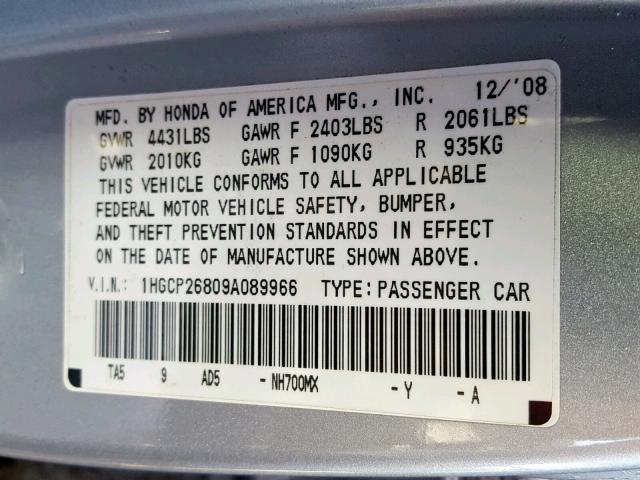 1HGCP26809A089966 - 2009 HONDA ACCORD EXL SILVER photo 10