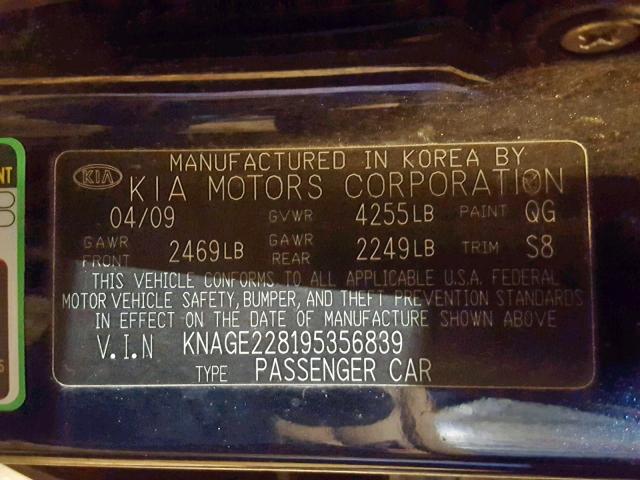 KNAGE228195356839 - 2009 KIA OPTIMA LX BLUE photo 10