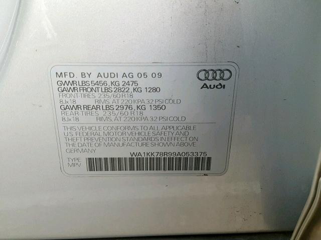 WA1KK78R99A053375 - 2009 AUDI Q5 3.2 SILVER photo 10