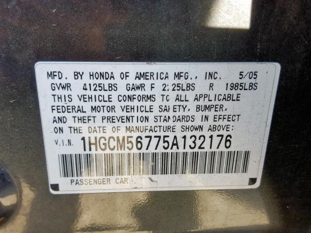 1HGCM56775A132176 - 2005 HONDA ACCORD EX CHARCOAL photo 10