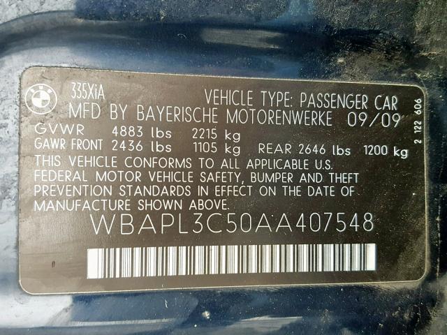 WBAPL3C50AA407548 - 2010 BMW 335 XI BLUE photo 10