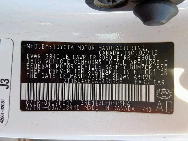 2T1BU4EE0AC455656 - 2010 TOYOTA COROLLA BA WHITE photo 10