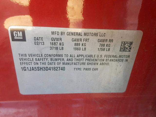 1G1JA5SH3D4182740 - 2013 CHEVROLET SONIC LS 红色 照片 10