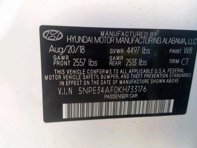 5NPE34AF0KH733176 - 2019 HYUNDAI SONATA SPO WHITE photo 10