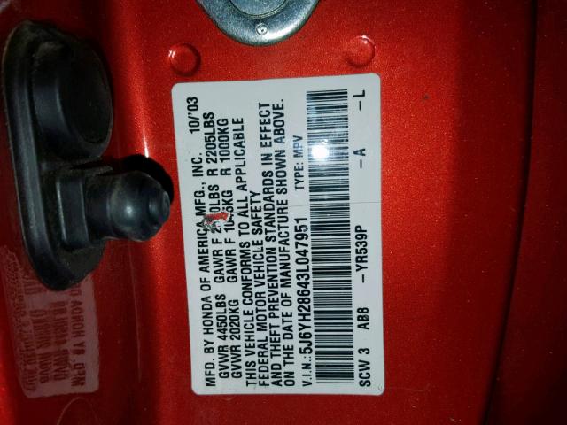 5J6YH28643L047951 - 2003 HONDA ELEMENT EX ORANGE photo 10