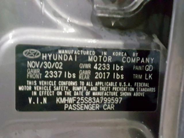 KMHWF25S83A799597 - 2003 HYUNDAI SONATA GL GRAY photo 10