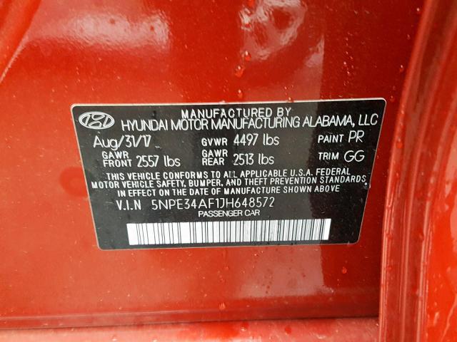 5NPE34AF1JH648572 - 2018 HYUNDAI SONATA SPO RED photo 10