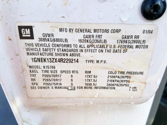 1GNEK13ZX4R229214 - 2004 CHEVROLET TAHOE K150 WHITE photo 10