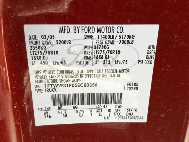 1FTWW31P05EC80356 - 2005 FORD F350 SRW S MAROON photo 10