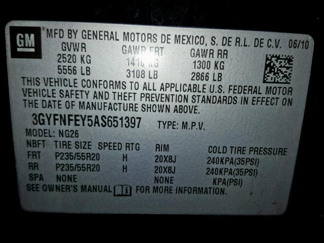 3GYFNFEY5AS651397 - 2010 CADILLAC SRX PREMIU BLACK photo 10