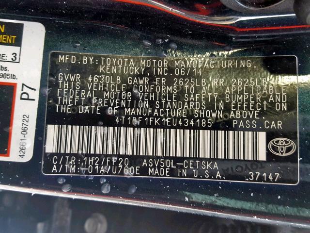 4T1BF1FK1EU434185 - 2014 TOYOTA CAMRY L BLACK photo 10