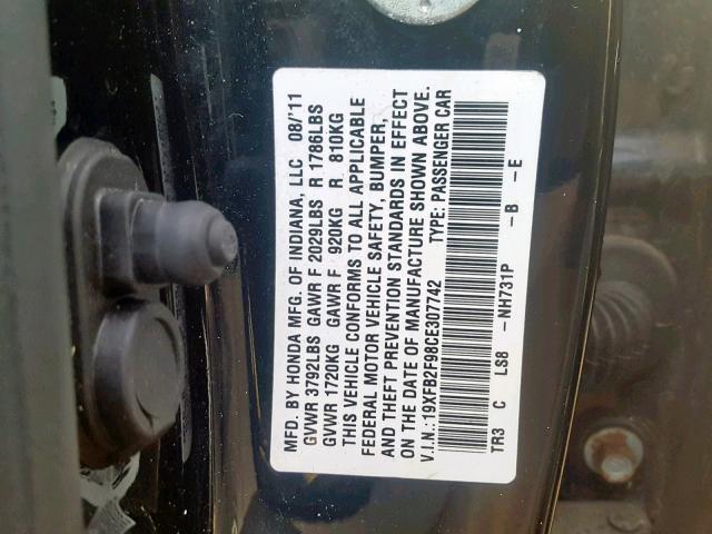 19XFB2F98CE307742 - 2012 HONDA CIVIC EXL BLACK photo 10