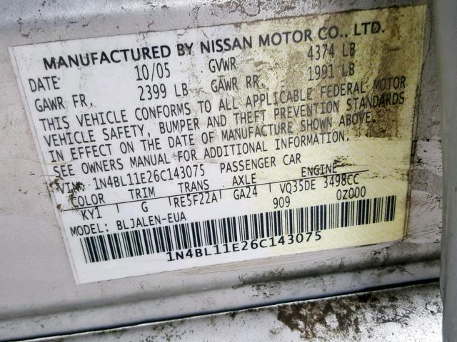 1N4BL11E26C143075 - 2006 NISSAN ALTIMA SE SILVER photo 10