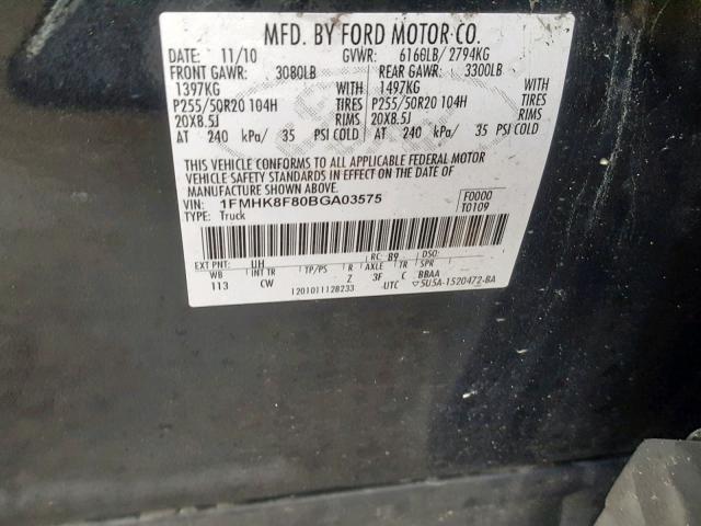 1FMHK8F80BGA03575 - 2011 FORD EXPLORER L BLACK photo 10