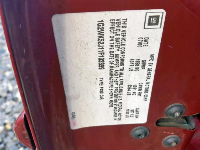 1G2WK52J11F102899 - 2001 PONTIAC GRAND PRIX MAROON photo 10