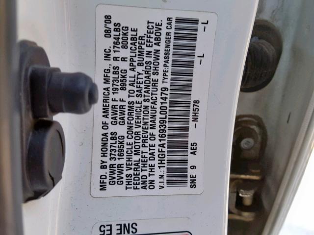 1HGFA16939L001479 - 2009 HONDA CIVIC EXL WHITE photo 10