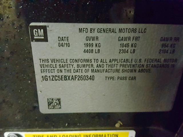 1G1ZC5EBXAF260340 - 2010 CHEVROLET MALIBU 1LT შავი ფოტო 10