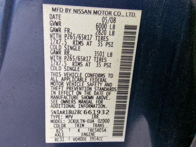 5N1AR18U28C661932 - 2008 NISSAN PATHFINDER BLUE photo 10