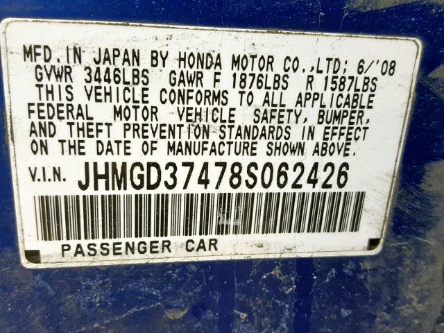 JHMGD37478S062426 - 2008 HONDA FIT BLUE photo 10