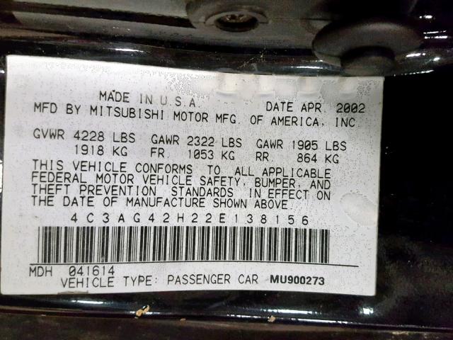 4C3AG42H22E138156 - 2002 CHRYSLER SEBRING LX BLACK photo 10