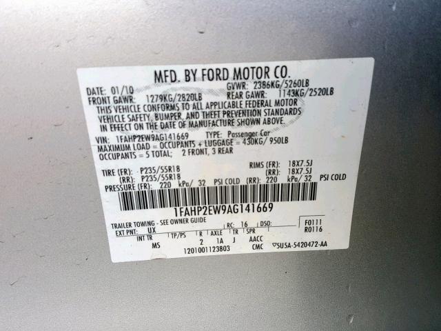 1FAHP2EW9AG141669 - 2010 FORD TAURUS SEL SILVER photo 10