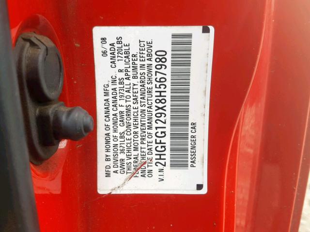 2HGFG129X8H567980 - 2008 HONDA CIVIC EXL RED photo 10