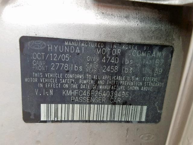 KMHFC46F26A039496 - 2006 HYUNDAI AZERA SE GOLD photo 10