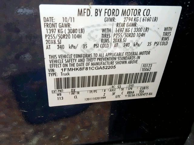 1FMHK8F81CGA52205 - 2012 FORD EXPLORER L BLUE photo 10