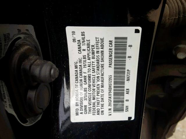 2HGFA1F94BH512265 - 2011 HONDA CIVIC EXL BLACK photo 10