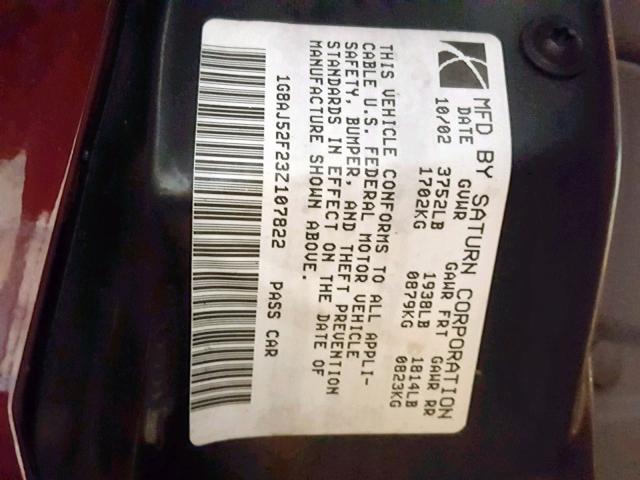 1G8AJ52F23Z107822 - 2003 SATURN ION LEVEL MAROON photo 10
