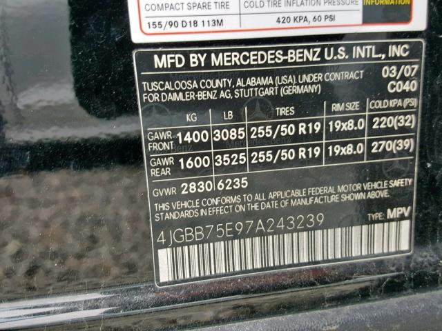 4JGBB75E97A243239 - 2007 MERCEDES-BENZ ML 500 BLACK photo 10